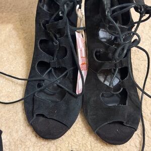 Skin Black Lace-Up Peep Toe Heels